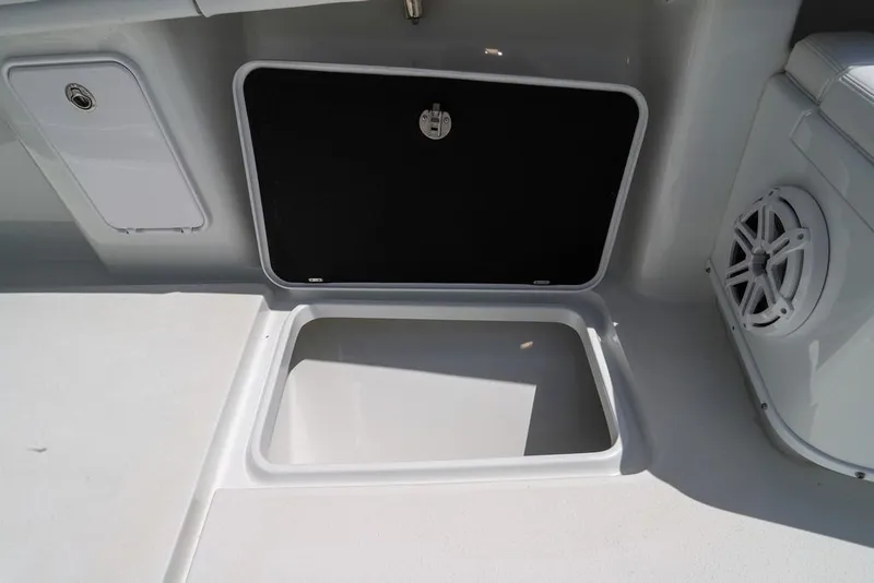 Slide: The Image of 2020 Yellowfin 39 Offshore boat storage compartment and speaker detail. - 39