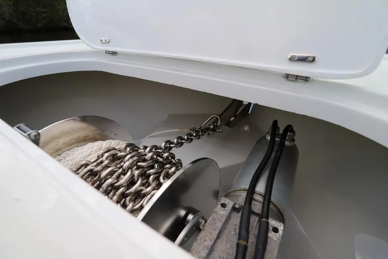Slide: The Image of Anchor chain and winch system on 2020 Yellowfin 39 Offshore boat. - 59
