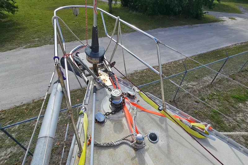 Slide: The Image of Bow of a 1982 Morgan 462 sailboat with rigging and winch details. - 16