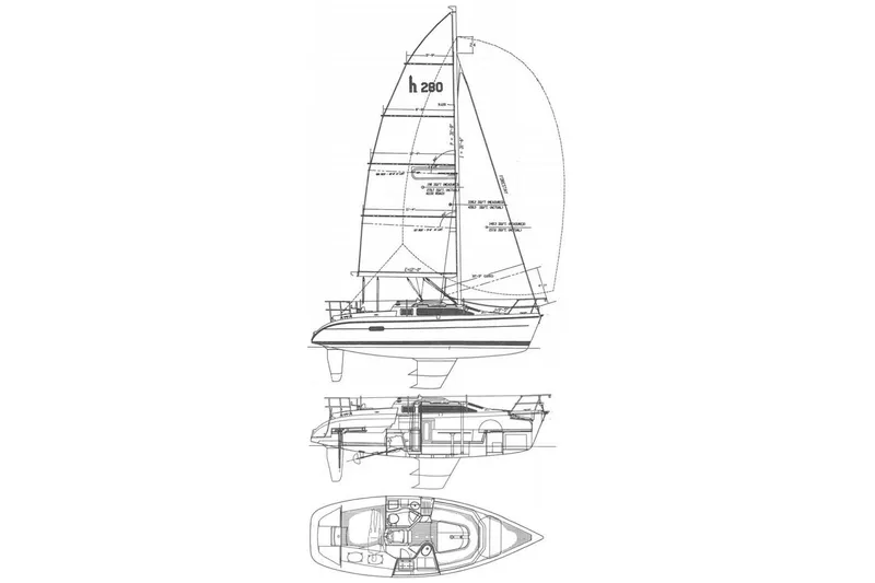 Slide: The Image of Blueprint of 1996 Hunter Marine 280 sailboat, showing side and top views. - 5