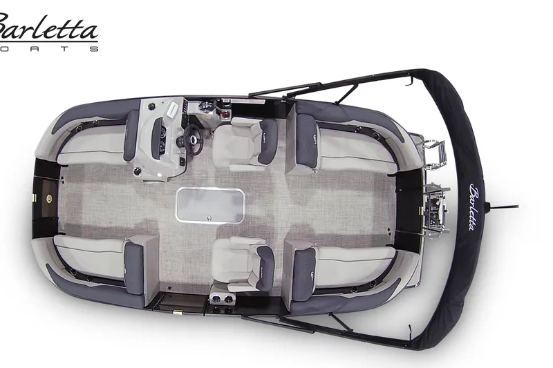 Slide: The Image of 2026 Barletta Sanza S22QC Tri pontoon boat, top view, showcasing seating and helm layout. - 8