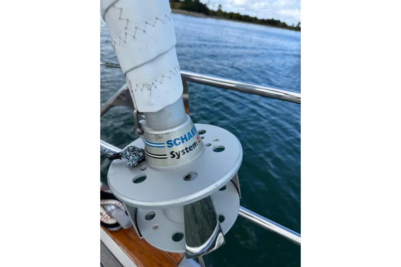 Slide: The Image of Sailboat rigging detail on 1986 Vindo 45, featuring Schaefer System furling. - 62