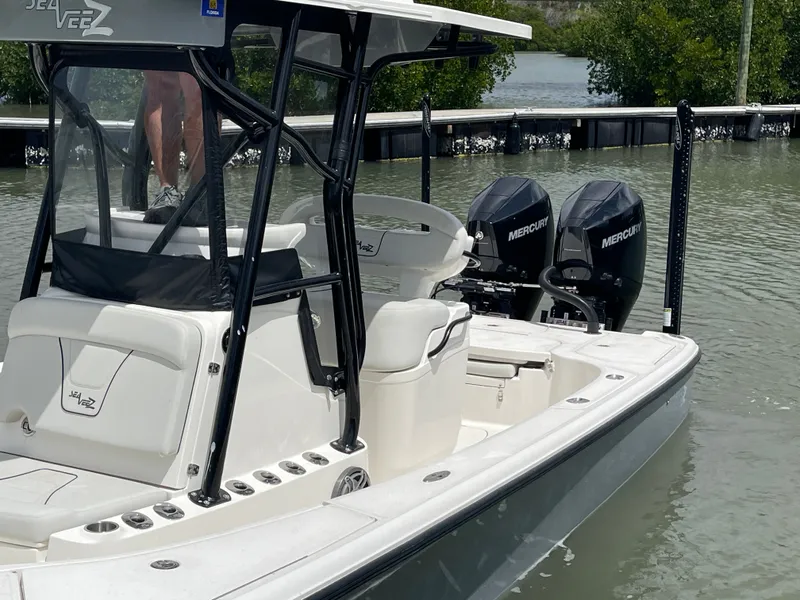 Slide: The Image of 2023 SeaVee 270 Z boat with Mercury engines on water. - 18