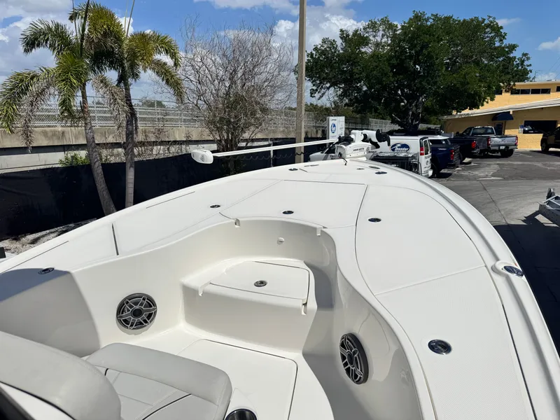 Slide: The Image of 2023 SeaVee 270 Z boat deck with speakers and seating area. - 24