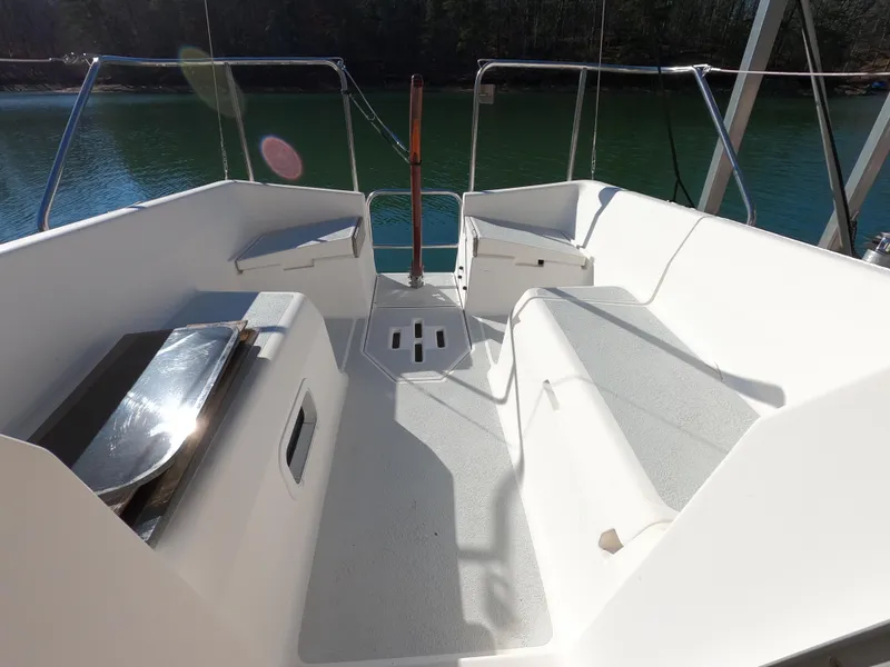 Slide: The Image of Interior view of a 1992 Hunter 27 sailboat cockpit. - 19