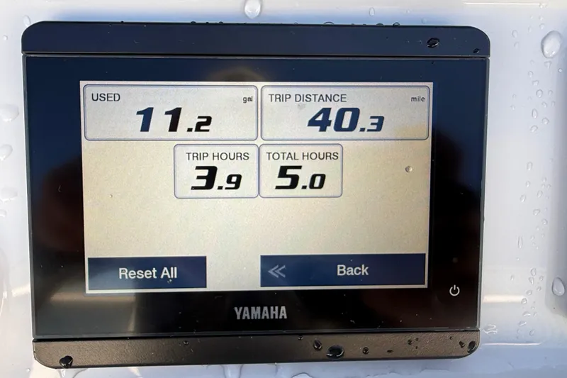 Slide: The Image of Yamaha display showing fuel usage, trip distance, and hours for Pathfinder 2300 HPS, 2025 model. - 13
