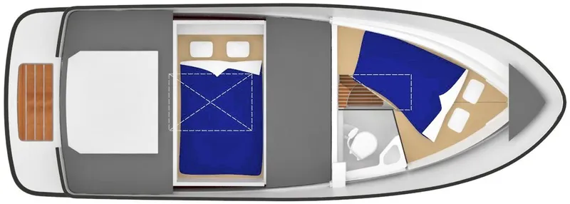 Slide: The Image of Floor plan of Sargo 25 boat, 2022 model, featuring sleeping area and bathroom. - 11