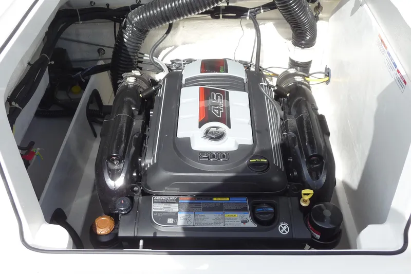 Slide: The Image of Engine compartment of 2021 Bayliner VR5 Bowrider I/O with Mercury 4.5L 200 HP engine. - 10