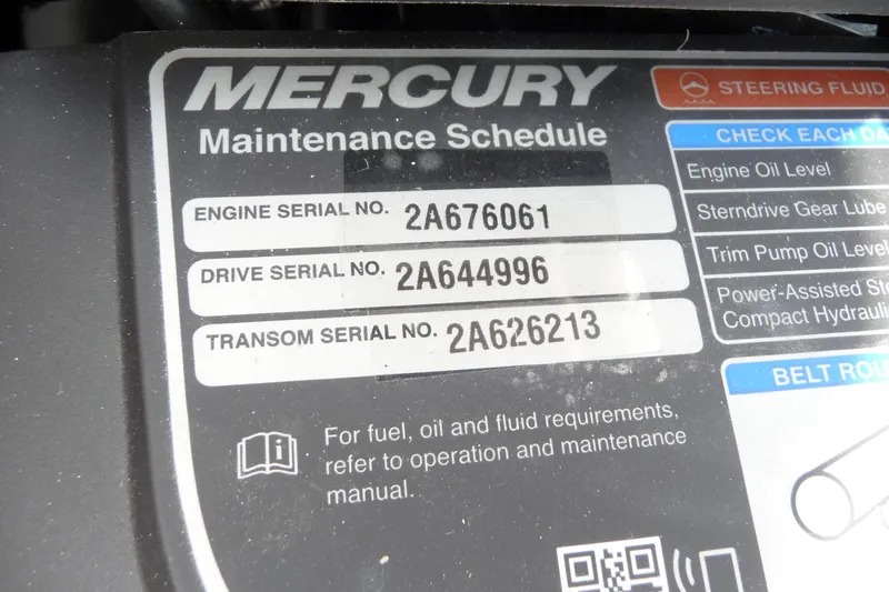 Slide: The Image of Mercury maintenance schedule label with serial numbers for Bayliner VR5 Bowrider I/O 2021. - 11
