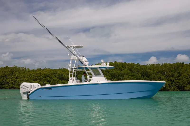 The Image of 2023 Invincible 37 Catamaran in blue, cruising on calm waters with lush greenery background. - 0