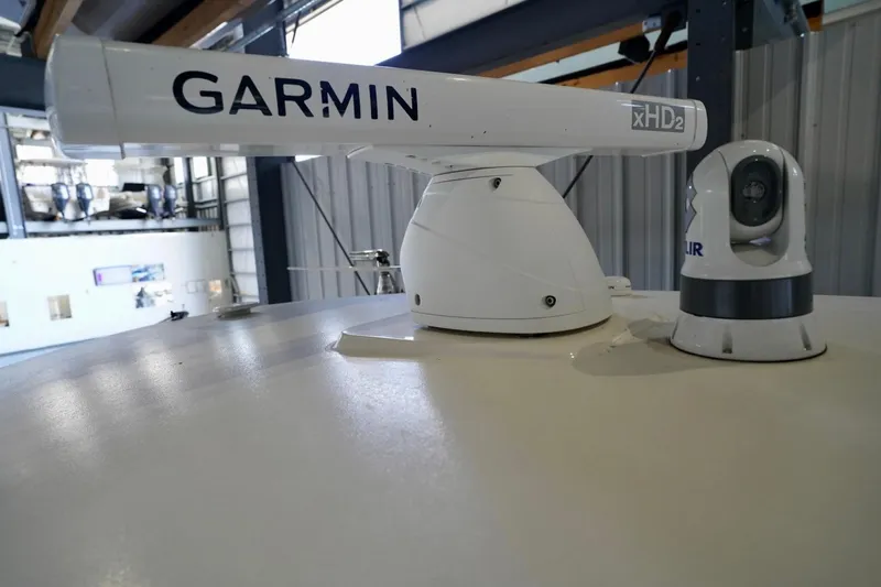 Slide: The Image of Garmin xHD2 radar on 2019 Cobia 344 Center Console boat in a storage facility. - 31