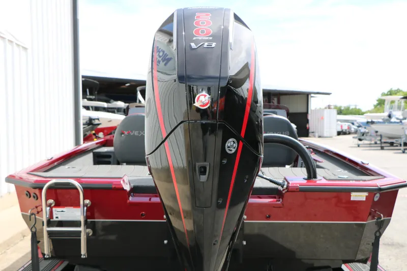 Slide: The Image of 2026 Vexus AVX 1985s boat with powerful 200 HP V8 engine, rear view. - 8