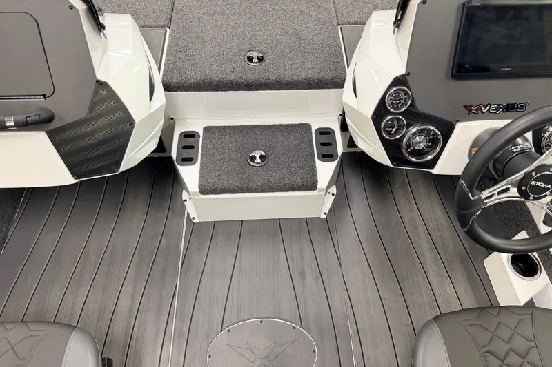 Slide: The Image of Interior of 2026 Vexus AVX 1985s boat with modern dashboard and seating. - 16