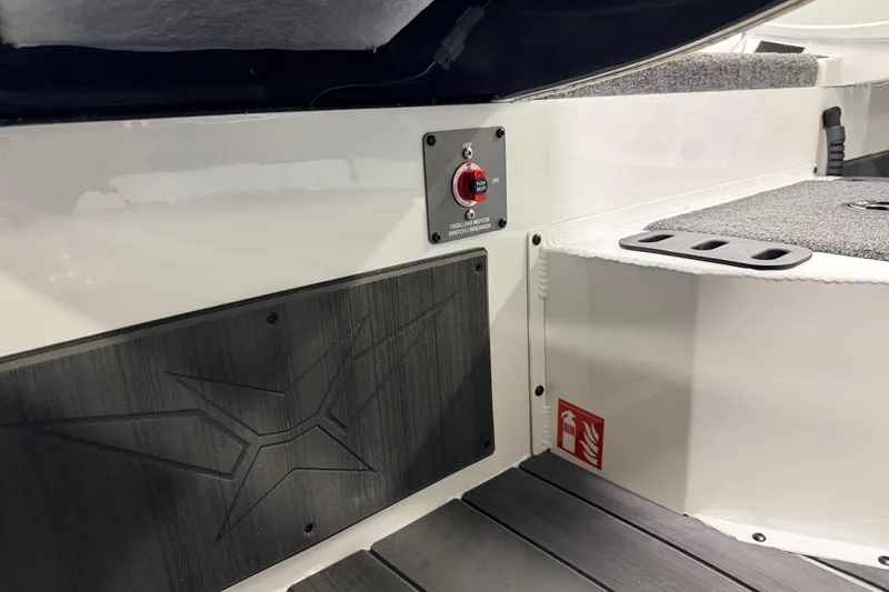 Slide: The Image of Interior view of 2026 Vexus AVX 1985s boat, featuring a trolling motor switch. - 41