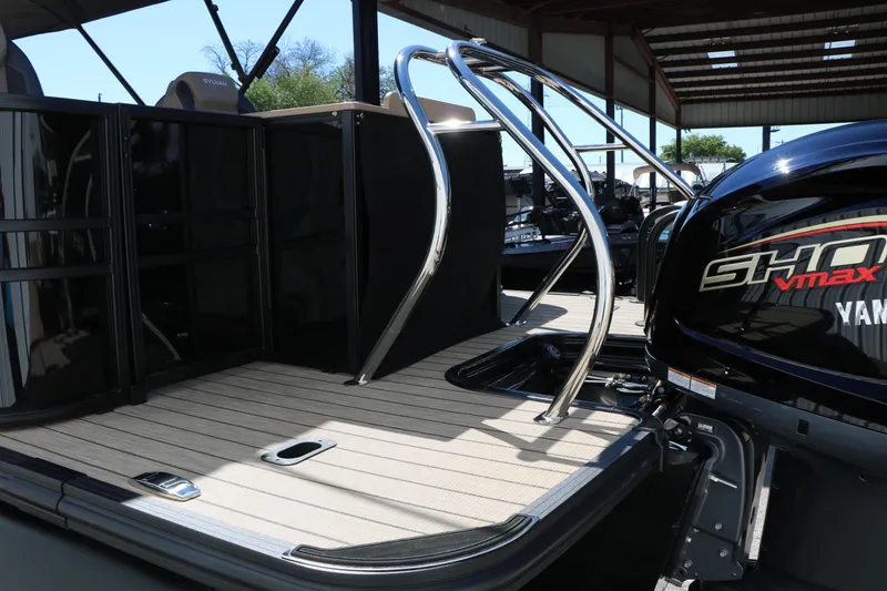 Slide: The Image of 2026 Sylvan Mirage X3 Party Fish boat with Yamaha SHO VMAX engine, featuring sleek deck design. - 42