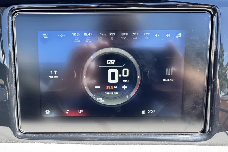 Slide: The Image of ATX Surf Boats 22 Type-S 2026 dashboard display showing speed, ballast, and fuel levels. - 9