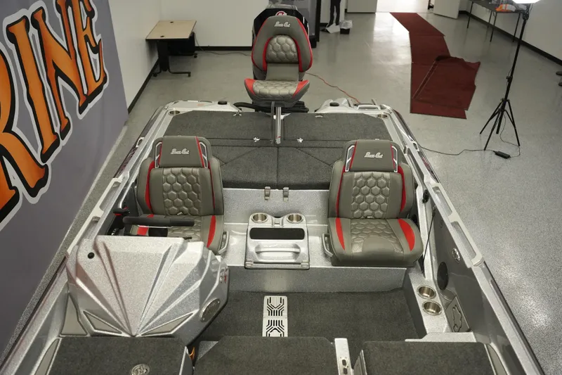 Slide: The Image of 2026 Bass Cat Lynx STS boat interior with stylish seating and modern design. - 12