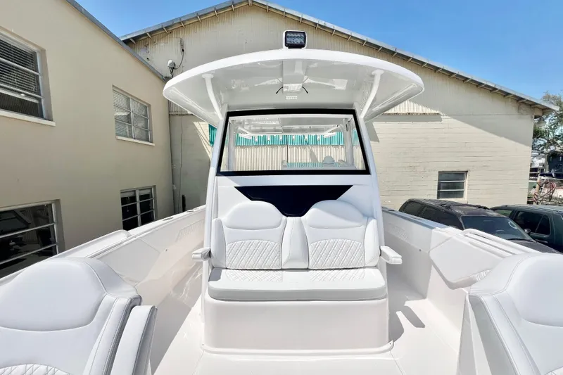 Slide: The Image of 2026 Stamas 33T Aventura boat interior with white seating and modern design. - 27