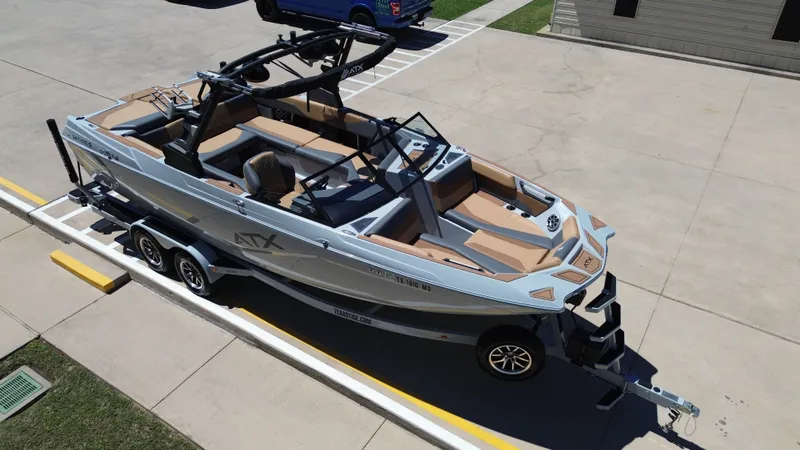 Slide: The Image of 2024 ATX TYPE S boat on trailer in parking lot. - 16