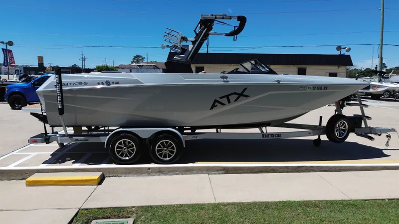 Slide: The Image of 2024 ATX TYPE S boat parked on trailer outdoors. - 6