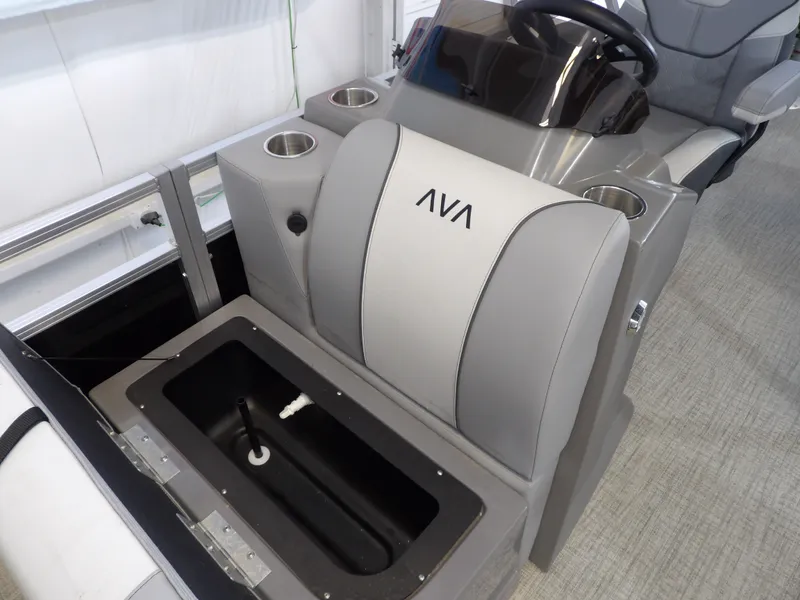 Slide: The Image of Interior of 2026 Avalon Venture 85 Rear Fish with gray seating. - 21