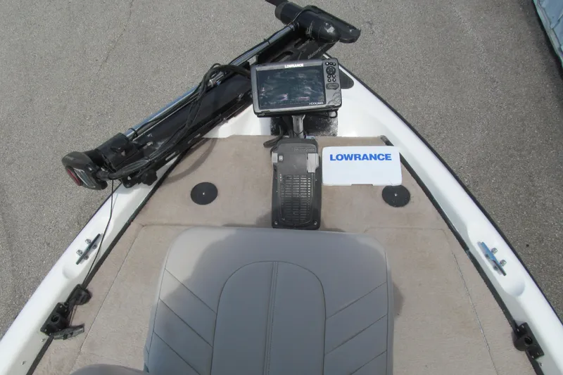 Slide: The Image of 2002 Triton Tr-176 SC boat deck with Lowrance fishfinder and trolling motor. - 9