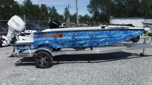 The Image of 2026 Excel Boats Viper F4 1751 on trailer, blue design. - 1