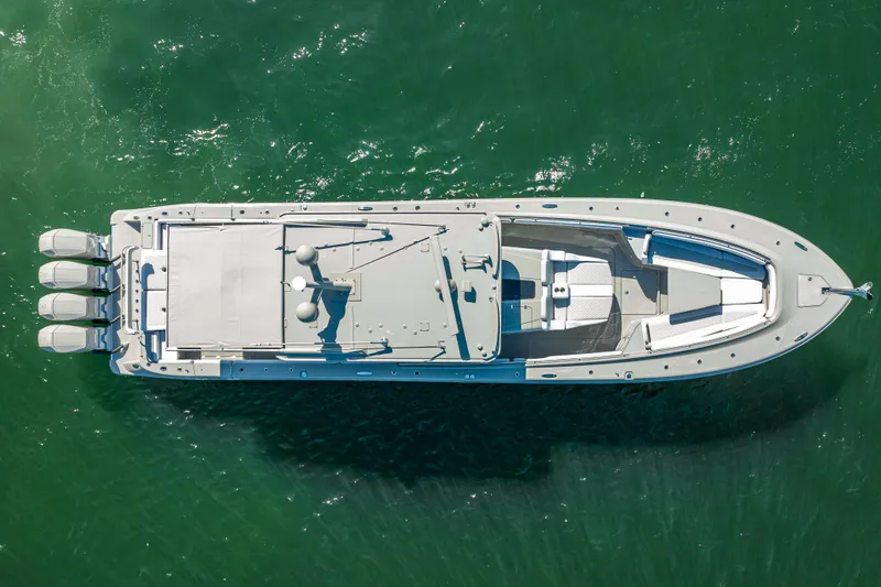 The Image of Aerial view of 2024 HCB 53 Suenos boat on green water. - 1