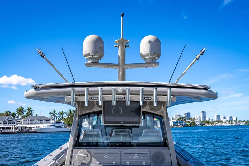 Slide: The Image of 2024 HCB 53 Suenos boat with radar equipment, cruising on a sunny day. - 66