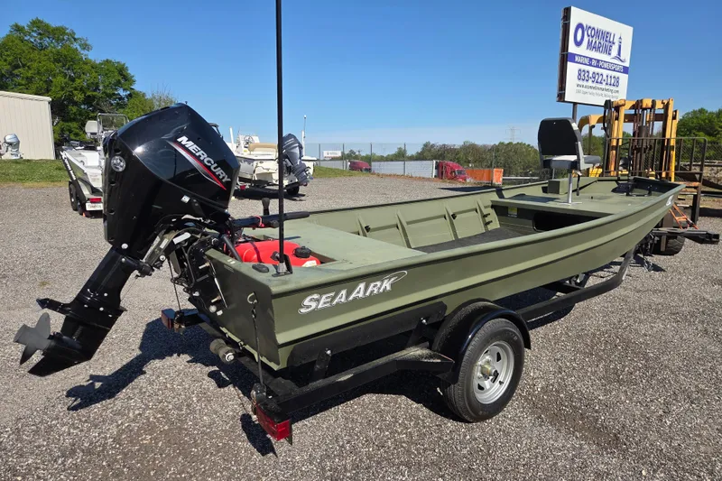 Slide: The Image of 2023 SeaArk 1648 MV boat with Mercury outboard motor on trailer at O'Connell Marine. - 1