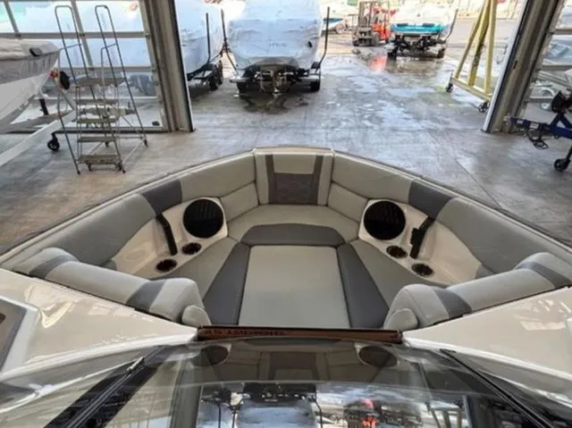 Slide: The Image of Interior of 2026 Malibu Wakesetter 23 LSV with gray upholstery. - 9