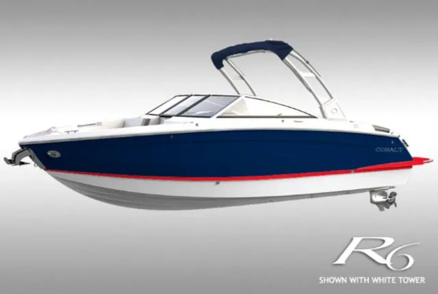 The Image of 2026 Cobalt R6 boat with white tower, blue hull, and red stripe. - 1
