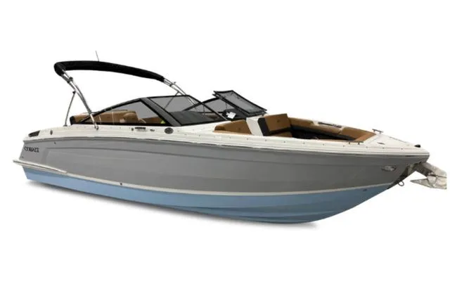 The Image of 2026 Cobalt R4 motorboat with gray hull and black canopy. - 1