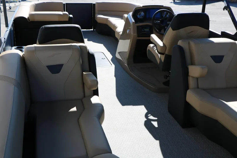 Slide: The Image of Luxurious interior of 2026 Evotti 525 QL Tri-Toon boat with plush seating. - 22