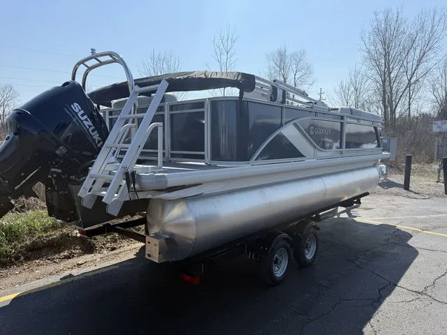 Slide: The Image of 2026 Sweetwater SW2086CPSE pontoon boat with Suzuki engine on trailer. - 3
