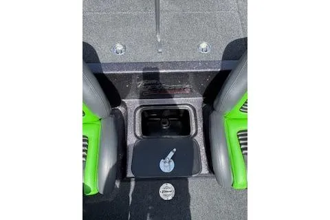 Slide: The Image of 2026 Blazer 595 Pro Elite boat interior with green and gray seating, storage compartment. - 14