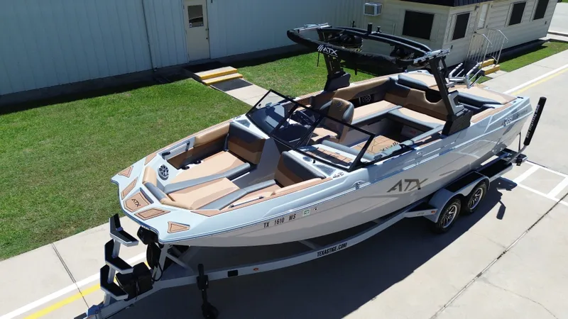 Slide: The Image of 2024 ATX TYPE S boat on trailer, modern features. - 10