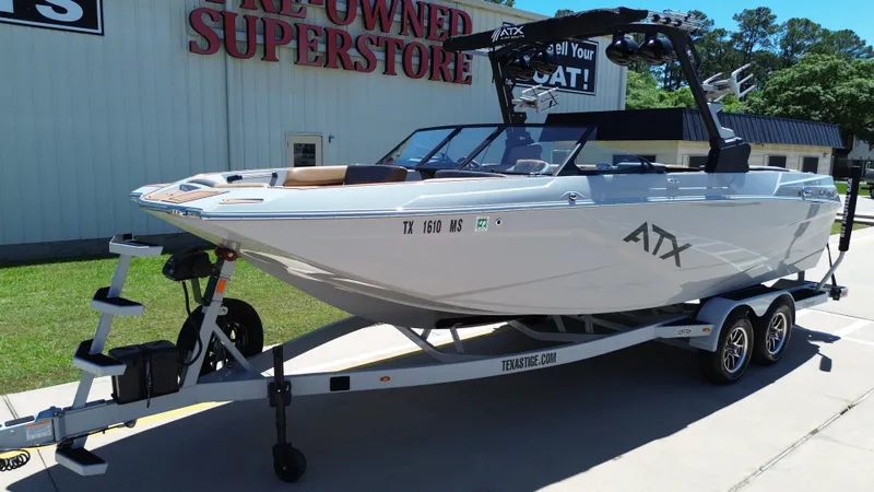 Slide: The Image of 2024 ATX TYPE S boat on trailer in front of superstore. - 9