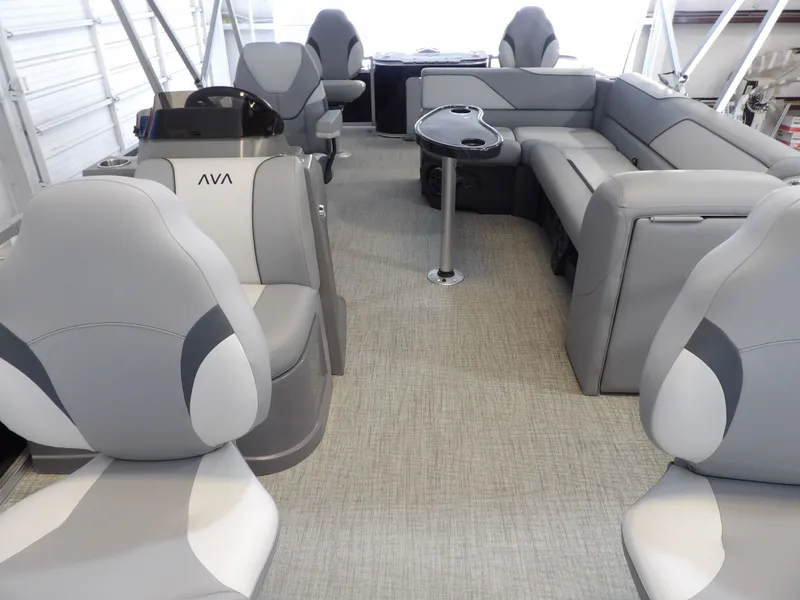 Slide: The Image of Interior of 2026 Avalon Venture 85 Rear Fish with gray seating. - 18