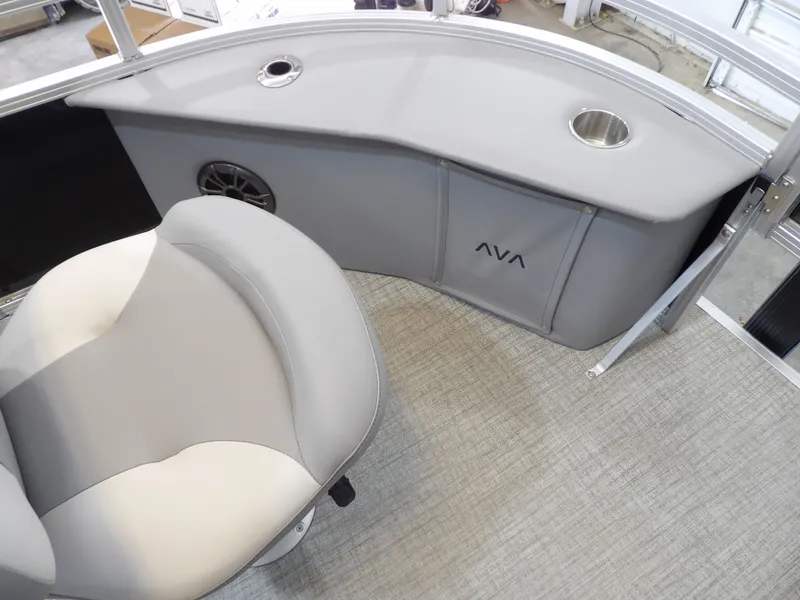 Slide: The Image of Interior of Avalon Venture 85 Rear Fish 2026 with gray seating and speaker. - 6