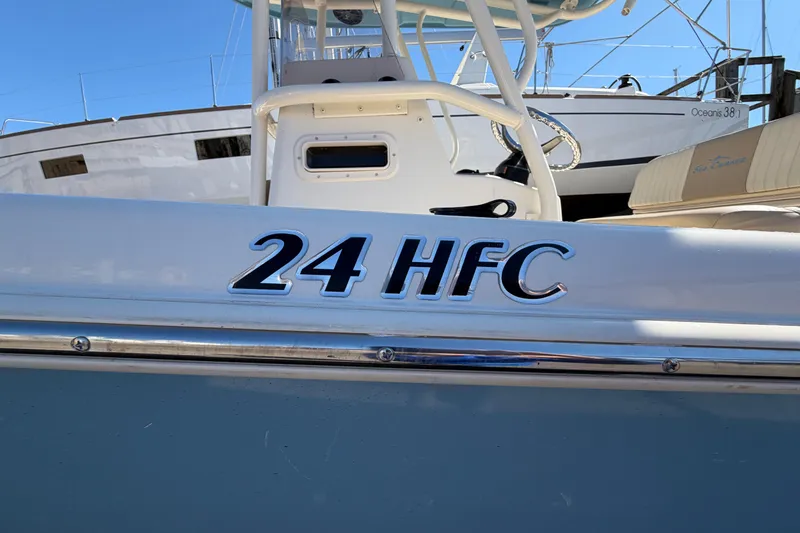 Slide: The Image of 2017 Sea Chaser 24 HFC boat, close-up of model name on hull. - 4