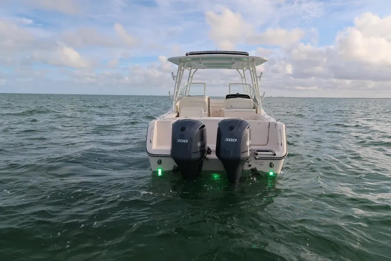 Slide: The Image of 2018 Grady-White Freedom 307 boat on open water, featuring dual 300 horsepower engines. - 14