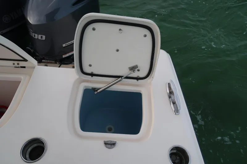 Slide: The Image of Open hatch on 2018 Grady-White Freedom 307 boat, showing storage compartment. - 18