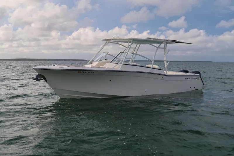 Slide: The Image of 2018 Grady-White Freedom 307 boat on open water under cloudy sky. - 2