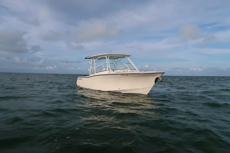 Slide: The Image of 2018 Grady-White Freedom 307 boat on open water under cloudy sky. - 20