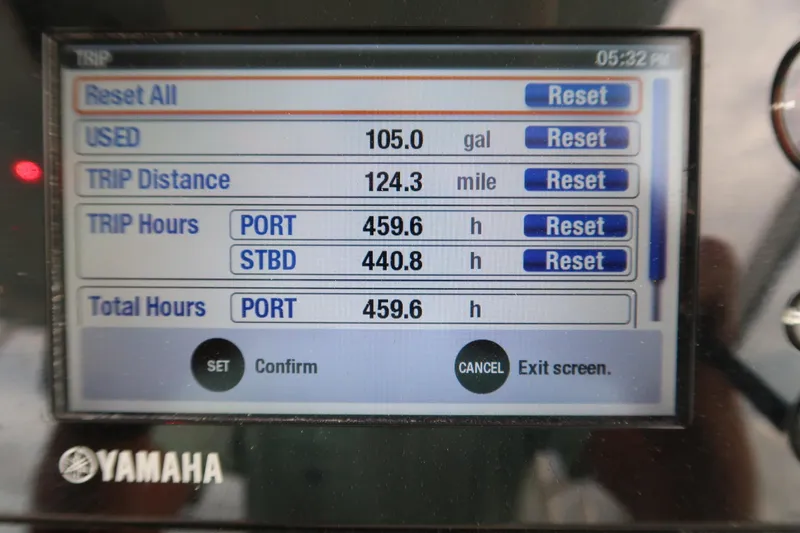 Slide: The Image of Yamaha display showing trip data for 2018 Grady-White Freedom 307 boat. - 23