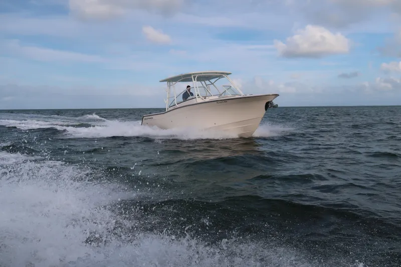 Slide: The Image of 2018 Grady-White Freedom 307 boat cruising on open water under a blue sky. - 38