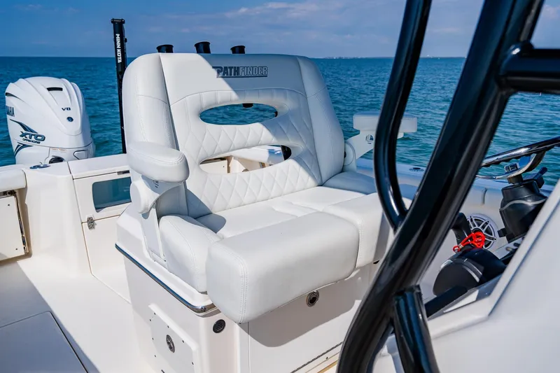Slide: The Image of 2023 Pathfinder 2700 Open boat with luxurious seating and Yamaha XTO engine on open water. - 37