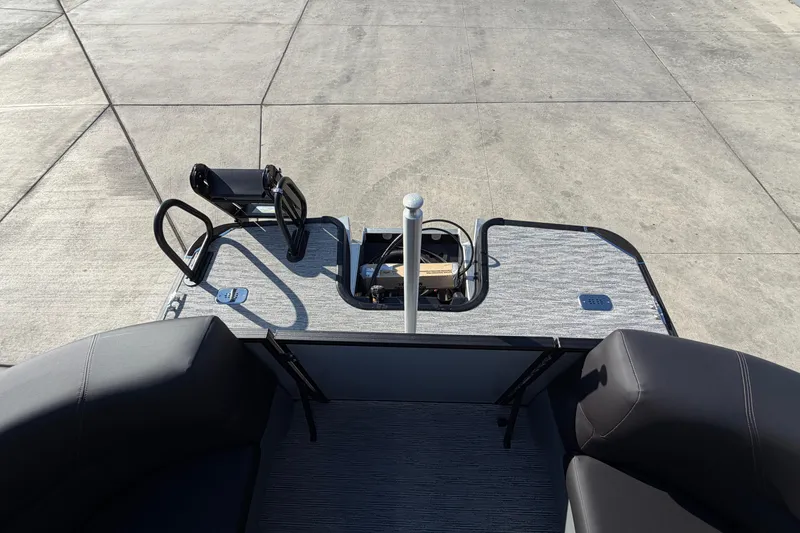 Slide: The Image of 2026 Sylvan Mirage X X3 boat deck with seating and railing, viewed from above. - 15