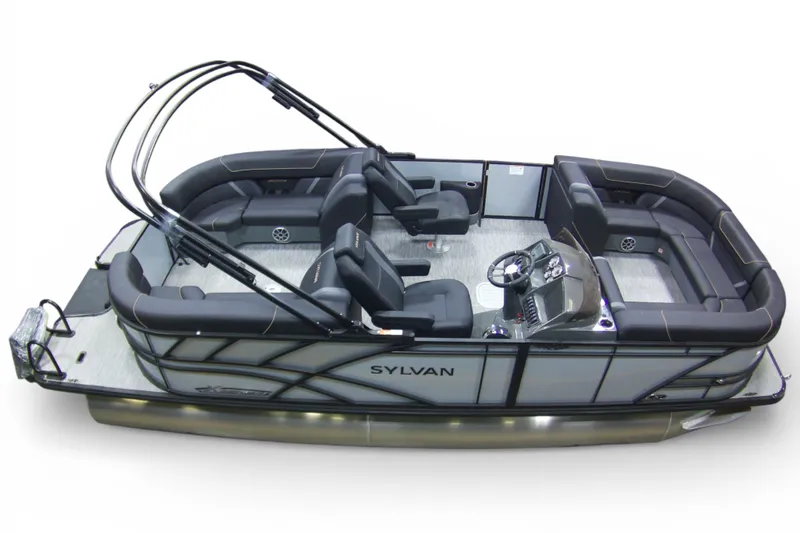 Slide: The Image of 2026 Sylvan MIRAGE X-3 pontoon boat with sleek design and spacious seating. - 17
